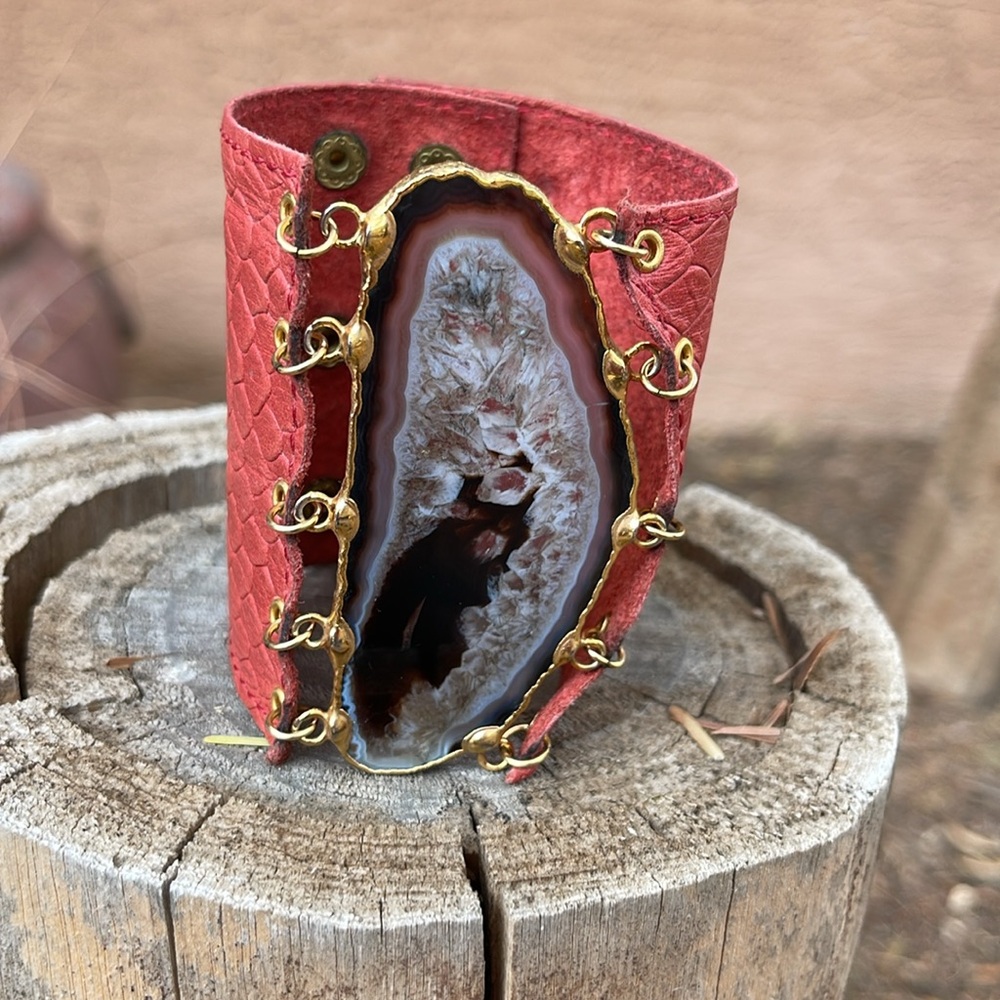 Gold and Red Statement Bracelet with Intricate Design